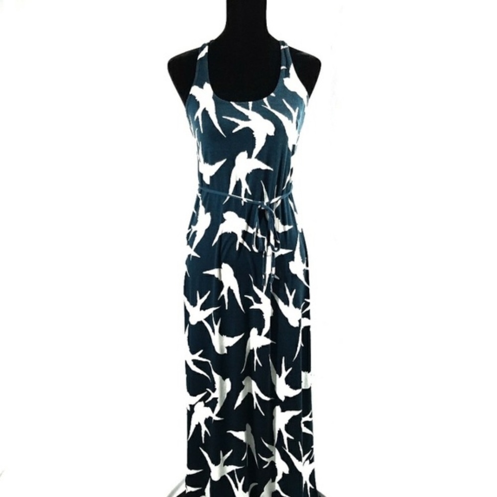 LOFT birds teal and white sleeveless maxi dress